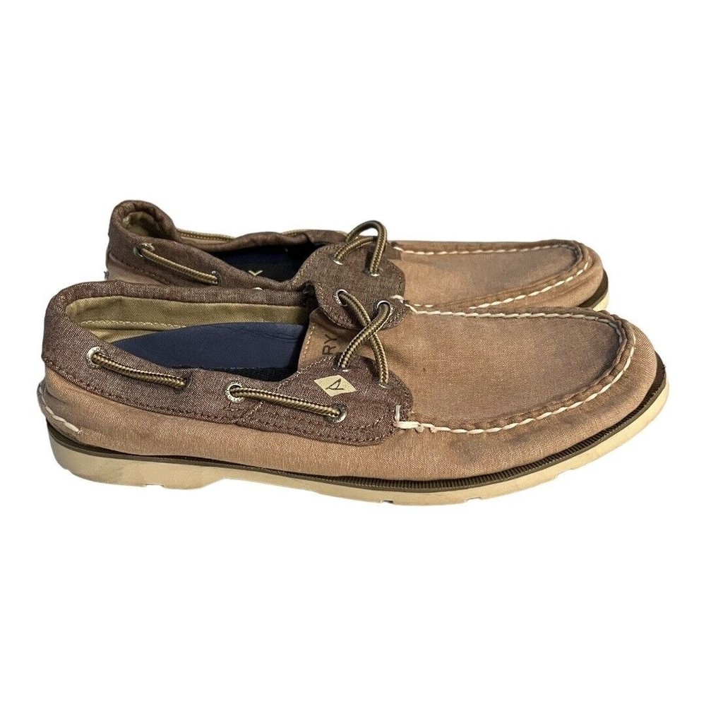 Sperry Men’s Top Siders Slip On Boat‎ Shoes Tan Canvas Leather Lace Up Size 8M